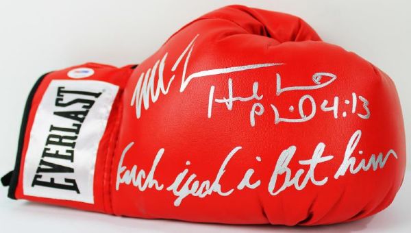 Mike Tyson & Evander Holyfield Signed Everlast Boxing Glove with "F--k Yeah I bit Him" Inscription (PSA/DNA)