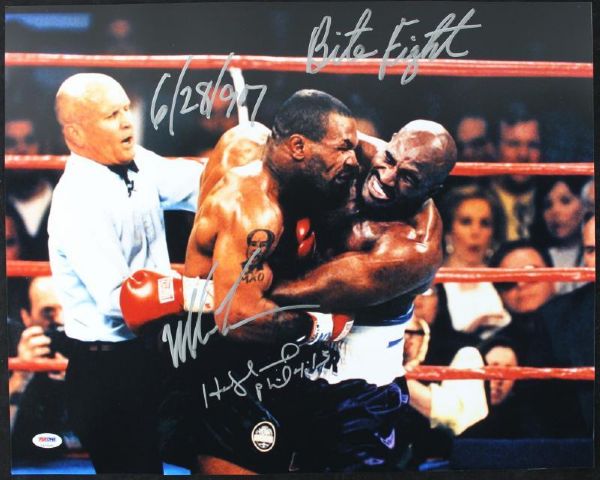 Mike Tyson & Evander Holyfield Signed 16x20 Photo w/"Bite Fight - 6/28/97" Insc. (PSA/DNA)