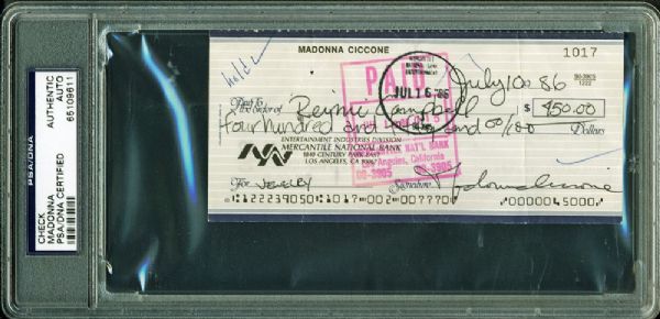 Madonna Rare Signed Personal Bank Check with Full "Madonna Ciccone" Signature (PSA/DNA Encapsulated)