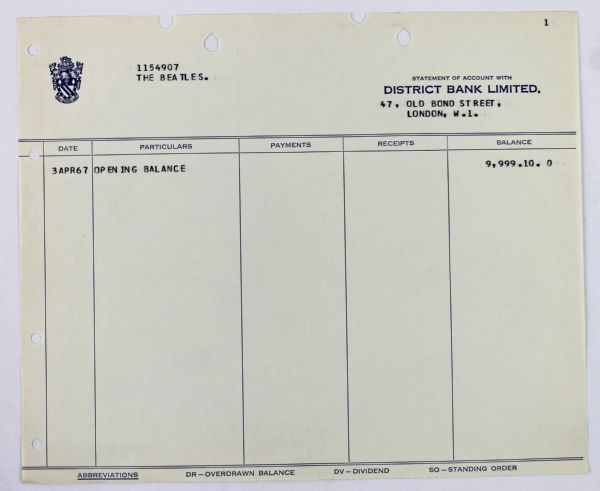 (The Beatles) Rare Bank Account Opening Deposit Receipt for Band Account - 4/3/67