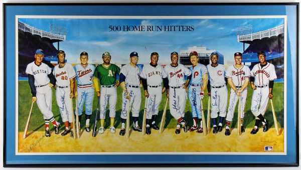 500 Home Run Club Signed 35" x 24" Ron Lewis Poster w/Mantle, Williams, Mays, Aaron, etc. (11 Sigs)(PSA/DNA)