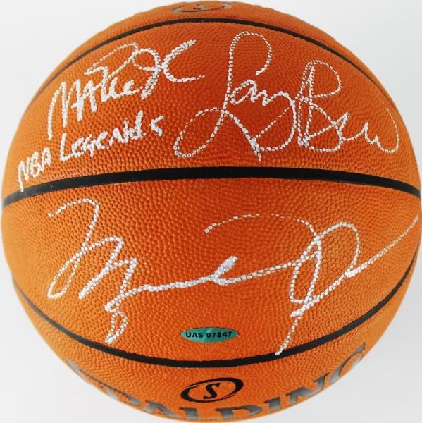 Michael Jordan, Larry Bird & Magic Johnson Signed "NBA Legends" Spalding NBA Game Model Leather Basketball (UDA, PSA/DNA & Bird Holo)