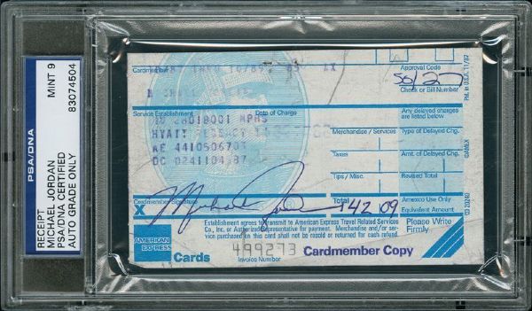 Vintage 1989 Micheal Jordan GRADED MINT 9 Full Name Signed Credit Card Slip (PSA/DNA Encapsulated)