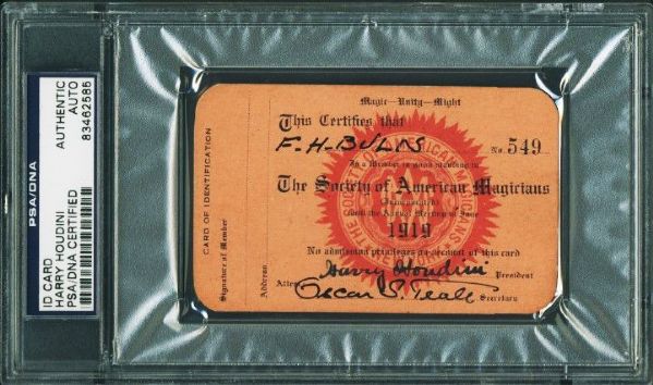 Harry Houdini Rare & Desirable Signed Society of Magicians Membership Card (PSA/DNA Encapsulated)