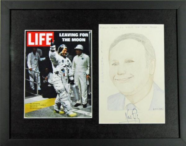 Neil Armstrong Signed Original Hand Drawn Pencil Sketch in Custom Framed Display (JSA)