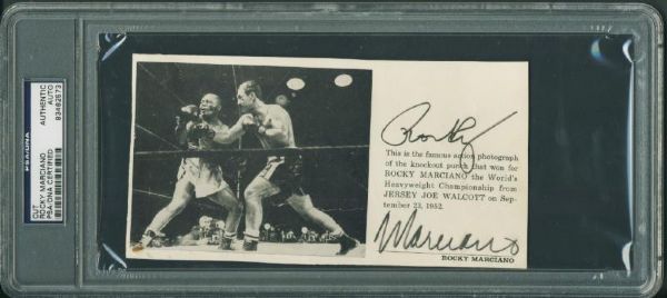 Rocky Marciano Signed 4" x 7.5" Sheet with Walcott KO Image (PSA/DNA Encapsulated)