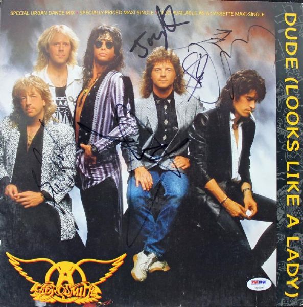 Aerosmith Complete Group Signed "Dude Looks Like A Lady" Album Cover (PSA/DNA)