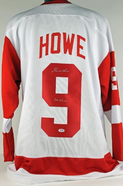 Gordie Howe Signed Red Wings White Jersey with "Mr. Hockey" Inscription (PSA/DNA)