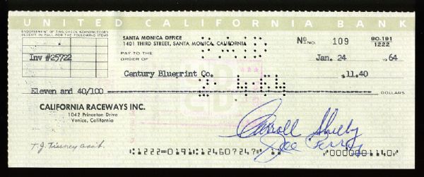 Vintage Carroll Shelby 1964 (Mustang Era) Signed Bank Check For Blueprints! (PSA/DNA)