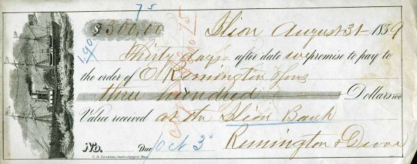 Eliphalet Remington Twice Signed 1859 Bank Check (PSA/DNA)