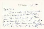 Tony Danza Handwritten and Signed Letter To Ted Williams (Williams Estate)