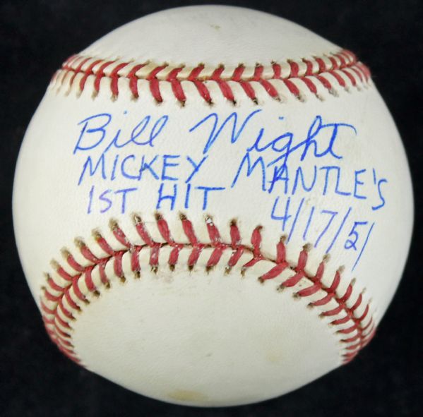 Bill Wight Signed OAL Baseball w/ "Mickey Mantles First Hit" Inscription (PSA/DNA)