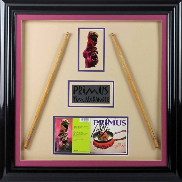 Primus: Tim Alexander 22" x 22" Signature Display w/ Used Drum Sticks! (PSA/DNA)