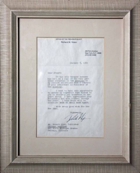 Richard Nixon Framed Signed Typed Letter on President-Elect Stationary Just Days Prior To His Inauguration! (PSA/DNA)