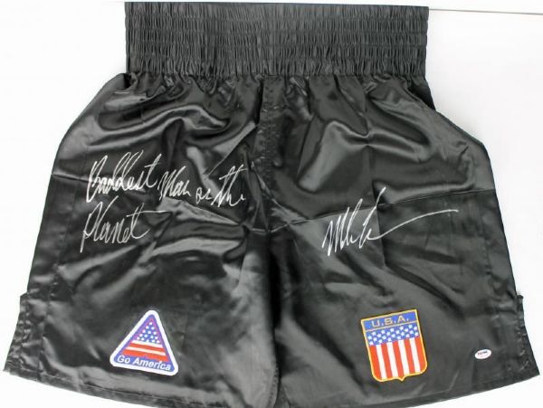 Mike Tyson Signed Personal Style Trunks with "Baddest Man on the Planet" Inscription & Signing Photo! (PSA/DNA ITP)