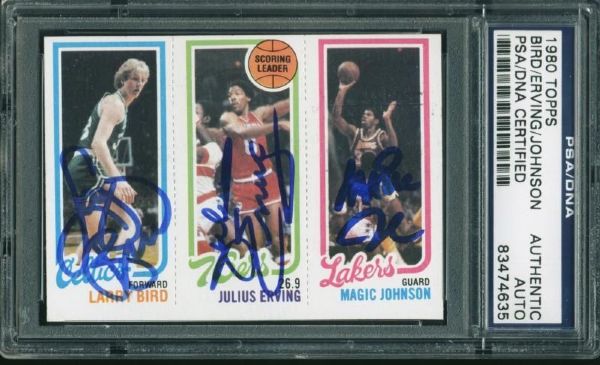 1980-81 Topps Magic Johnson, Larry Bird & Julius Erving Card - Signed by All 3 - Magic & Birds Rookie (PSA/DNA Encapsulated)