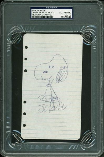 Charles M. Schulz "Snoopy" Sketch and Signed 3.75" x 6.75" Album Page (PSA/DNA Encapsulated)