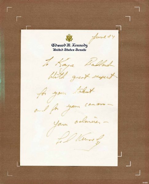 Ted Kennedy Handwritten & Signed Note to Actress Kaye Ballard (PSA/DNA)
