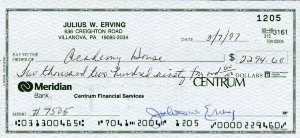 Julius Erving Signed Personal Bank Check (PSA/DNA)