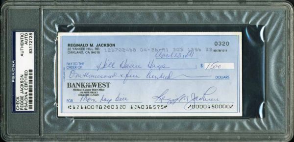 Reggie Jackson Handwritten & Signed Bank Check for Mothers Medical Bill (PSA/DNA Encapsulated)