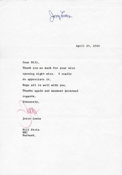 Jerry Lewis Vintage Signed Letter (1960)(PSA/DNA)