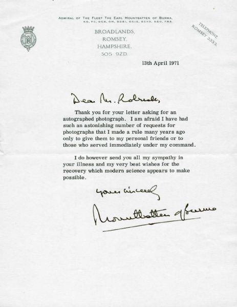 Mountbatten of Burma Signed Letter Regarding an Autograph Request (PSA/DNA)