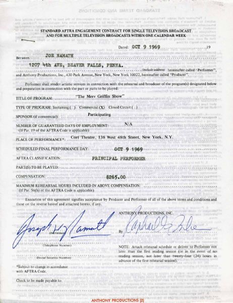 Joe Namath Rare Vintage Signed TV Appearance Contract for "The Merv Griffin Show" (1969)(PSA/DNA)