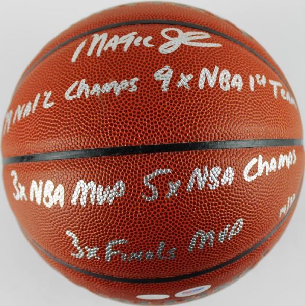 Magic Johnson Signed Spalding I/O Basketball with 5 Handwritten Inscriptions (PSA/DNA)