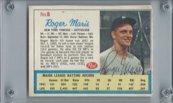 Roger Maris Signed 1962 Post Cereal Baseball Card (PSA/DNA)