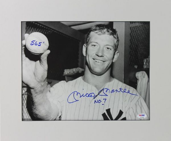 Mickey Mantle Signed matted 11x14 photo with "No. 7, 565" Inscriptions (PSA/DNA)