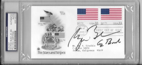 President George W. Bush & George H.W. Bush Signed 2000 FDC Cover (PSA/DNA Encapsulated)