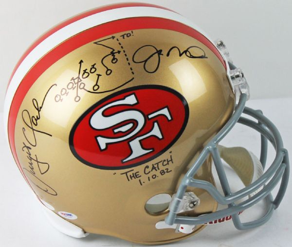 Joe Montana & Dwight Clark Signed 49ers Full Sized Helmet with "The Catch" Handwritten Play & Inscription (JSA & PSA/DNA)