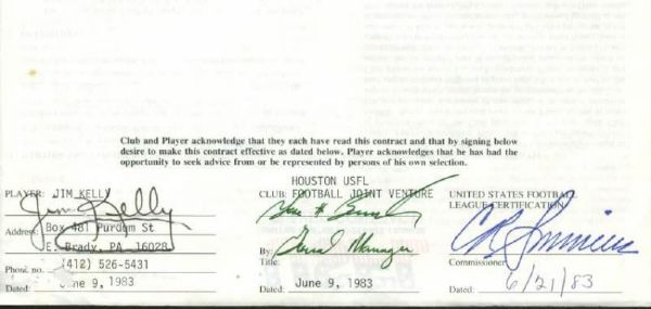 Jim Kelly Signed 1983 Player Contract for the USFL - Kellys First Professional Player Contract! (PSA/DNA)