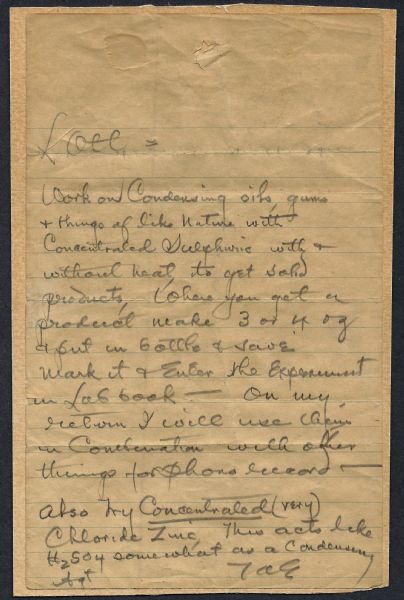 Historic 1890s Thomas Edison Hand Written & Signed Lab Note w/ Early Scientific Equation for Molding Solids to Attempt to Create the Vinyl (Phono) Record! (PSA/DNA)