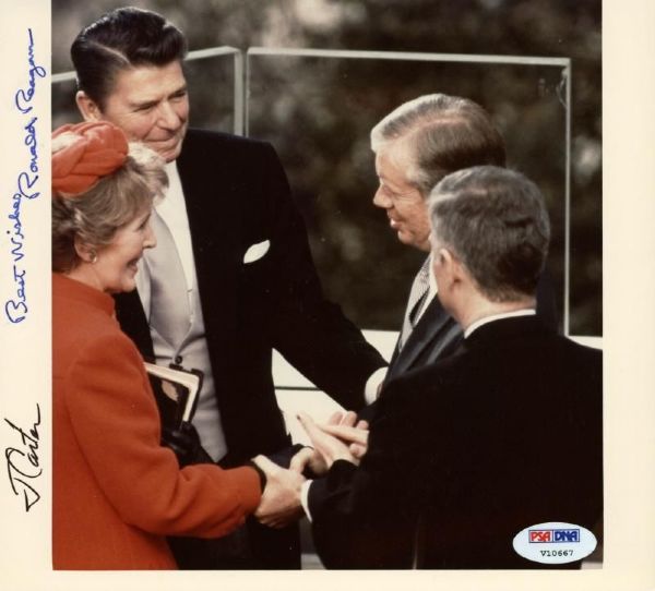 Ronald Reagan & Jimmy Carter Dual Signed 7.25" x 8" Photo (Reagan Inauguration)(PSA/DNA)