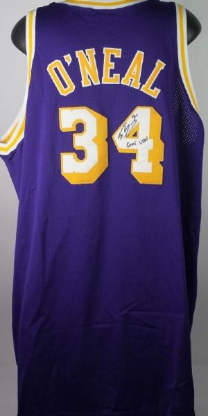 1998-99 Shaquille ONeal Game Worn & Signed LA Lakers Jersey w/"Game Used" Inscription (Grey Flannel Tag & PSA/DNA)