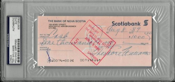Ted Williams Handwritten & Twice Signed Bank Check (PSA/DNA Encapsulated)
