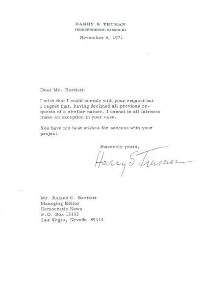 Harry Truman Signed 1971 Typed Letter on Personal Stationary! (PSA/JSA Guaranteed)
