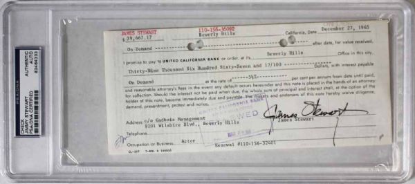 Jimmy Stewart Vintage Signed Promissory Note (PSA/DNA Encapsulated)