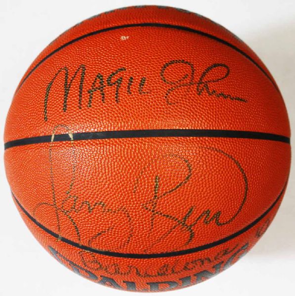 Magic Johnson & Larry Bird Dual Signed Spalding NBA Game Model Basketball with "Barcelona 92" Insription (PSA/DNA)