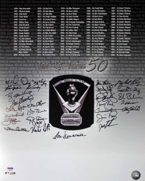 Cy Young Winners Signed Commemorative 16" x 20" Photo w/Glavine. Halladay, Seaver, Fingers, etc. (21 Sigs)(PSA/DNA)