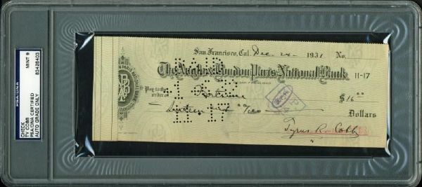 Ty Cobb Handwritten & Signed Bank Check - PSA/DNA Graded MINT 9!