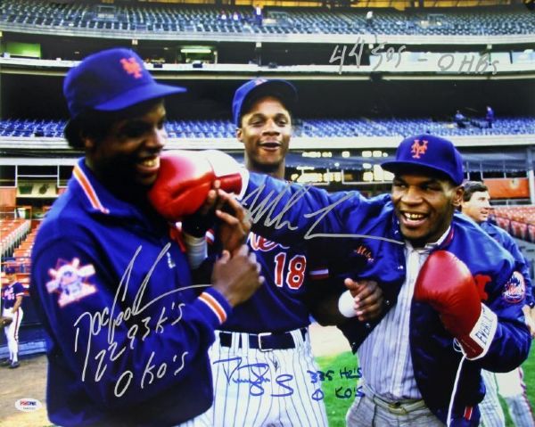 Mike Tyson, Doc Gooden & Daryl Strawberry Uniquely Signed & Inscribed 16" x 20" Color Photo (PSA/DNA)