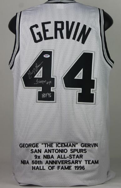 George Gervin Signed Spurs Stat Jersey w/ "Iceman HOF 96" Inscription (PSA/DNA)
