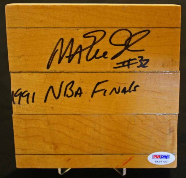 Magic Johnson Signed Chicago Bulls Game Used Forum Floor Piece w/"1991 NBA Finals" Insc. (PSA/DNA)