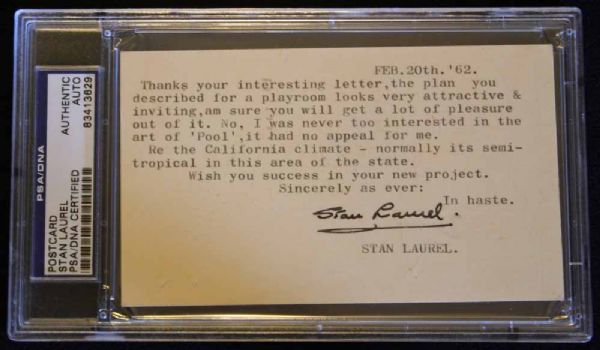 Stan Laurel Typewritten & Signed Notecard (PSA/DNA Encapsulated)