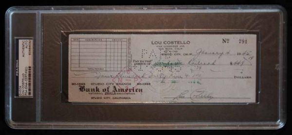 Lou Costello Signed Personal Bank Check c. 1945 (PSA/DNA Encapsulated)