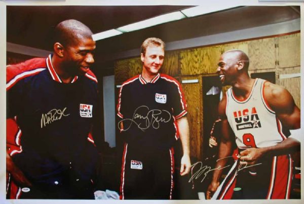 Michael Jordan, Magic Johnson & Larry Bird Signed 24" x 36" Rare Oversized Photograph (UDA & PSA/DNA)