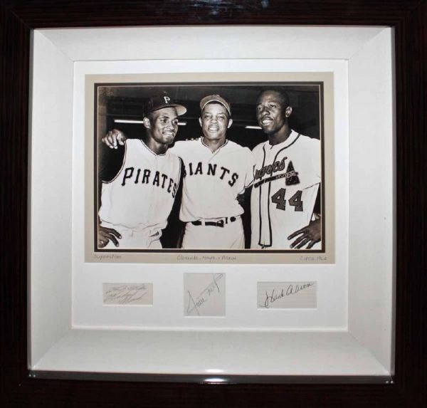 Roberto Clemente, Hank Aaron & Willie Mays Signed & Framed Custom Autograph Display (JSA)