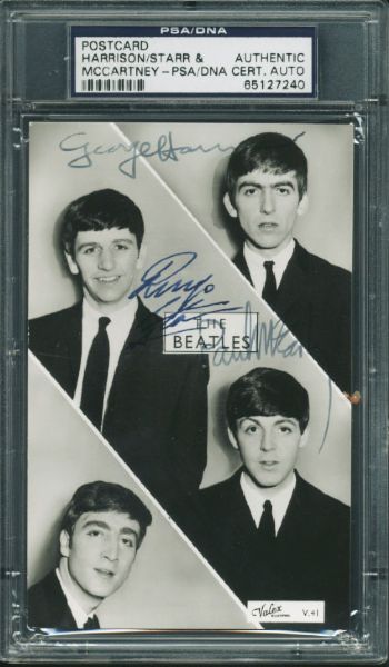 The Beatles: Paul McCartney, George Harrison & Ringo Starr Signed Vintage Valex Photo Postcard (PSA/DNA Encapsulated & Tracks)